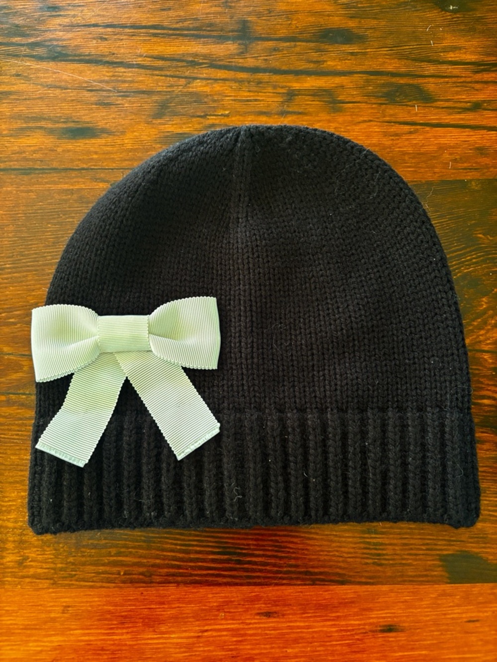 kate spade Black Knit Beanie with Grosgrain Ribbon Bow Accent